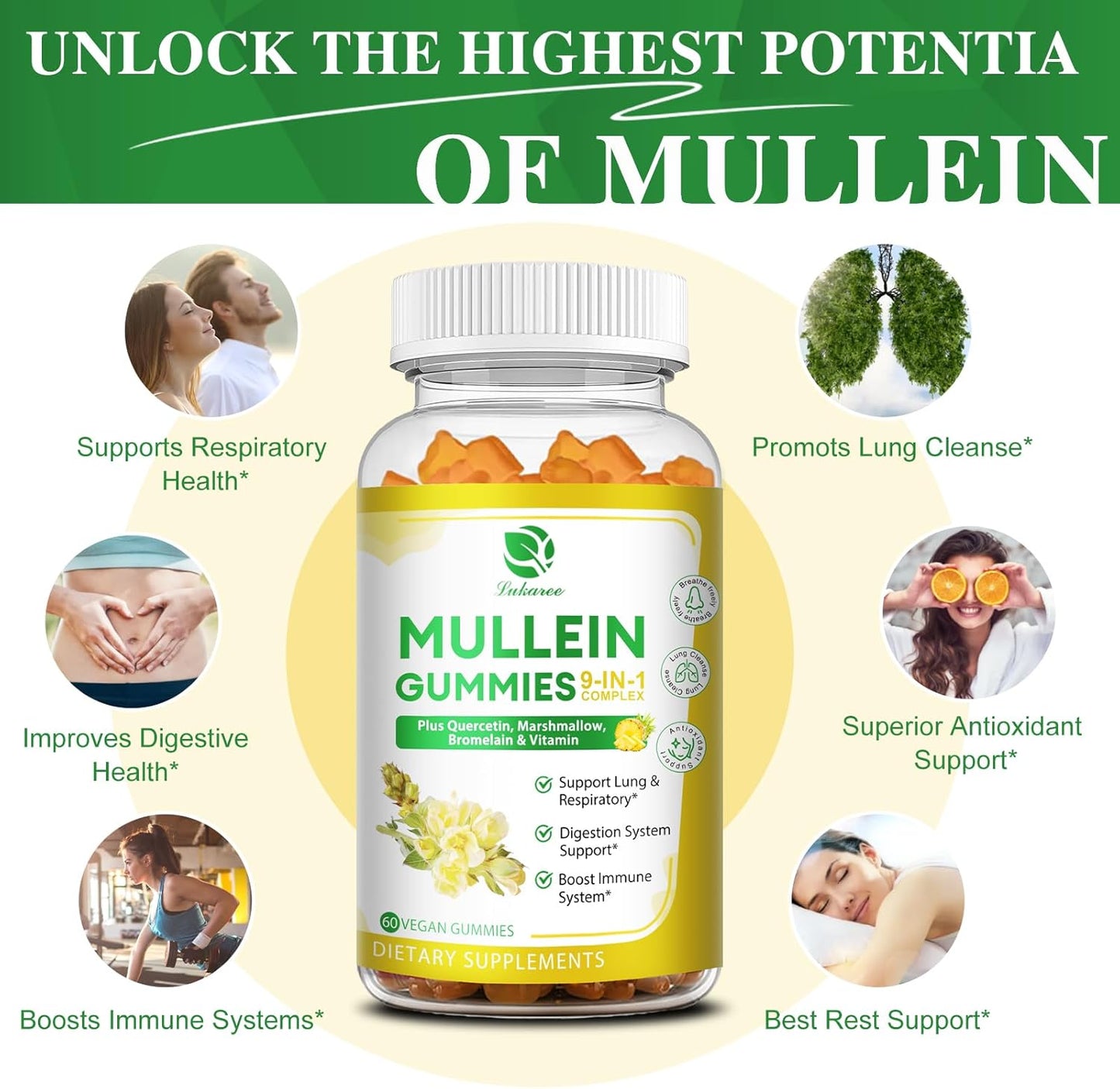 Mullein Gummies (3 Pack) - 9-in-1 Lung Cleanse Supplement with Elderberry & Marshmallow - 180 Vegan Gummies for Respiratory & Immune Support