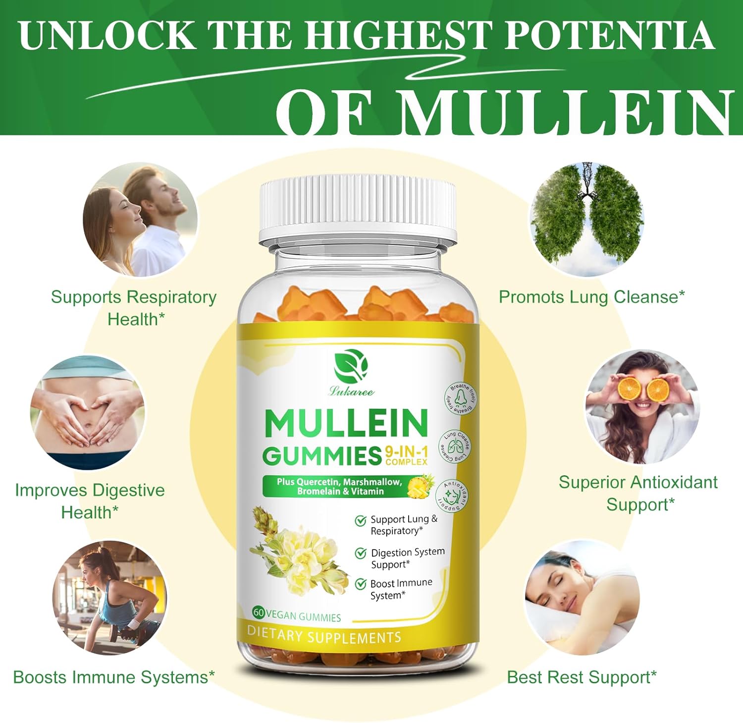 Mullein Gummies (3 Pack) - 9-in-1 Lung Cleanse Supplement with Elderberry & Marshmallow - 180 Vegan Gummies for Respiratory & Immune Support