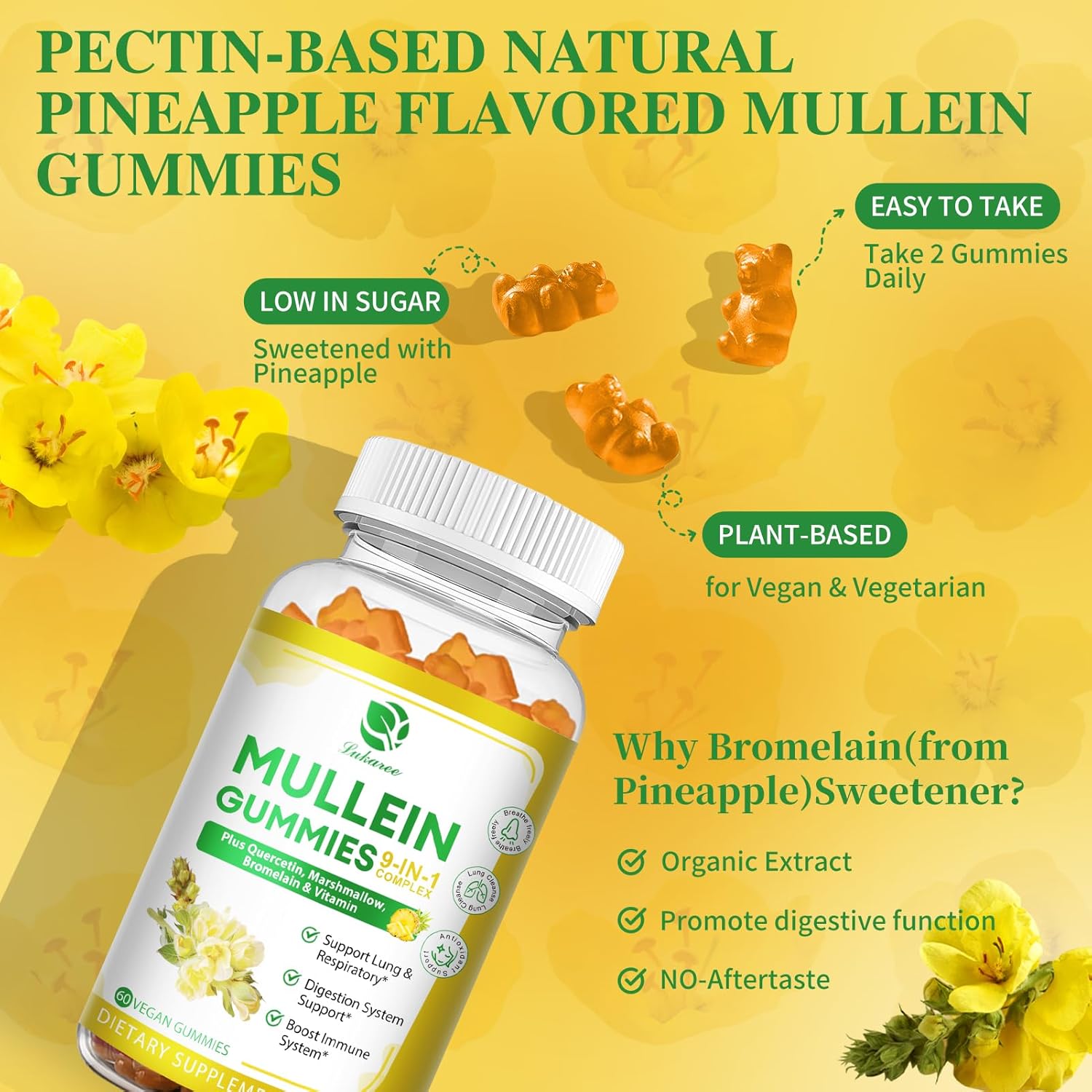 Mullein Gummies (3 Pack) - 9-in-1 Lung Cleanse Supplement with Elderberry & Marshmallow - 180 Vegan Gummies for Respiratory & Immune Support