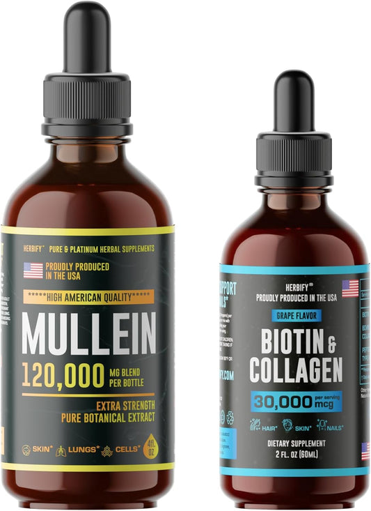 Mullein Leaf Extract with Biotin and Collagen - Respiratory and Hair, Skin, Nails Support Bundle