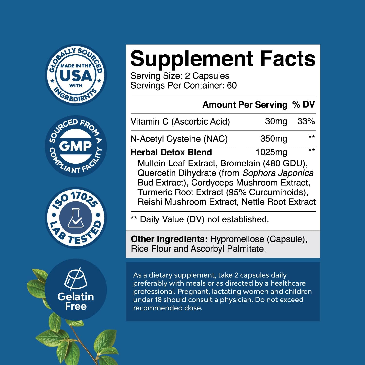 Mullein Leaf Lung Detox Capsules with NAC, Quercetin, and Cordyceps Extracts - Respiratory Support Supplement for Sinus Health and Immunity