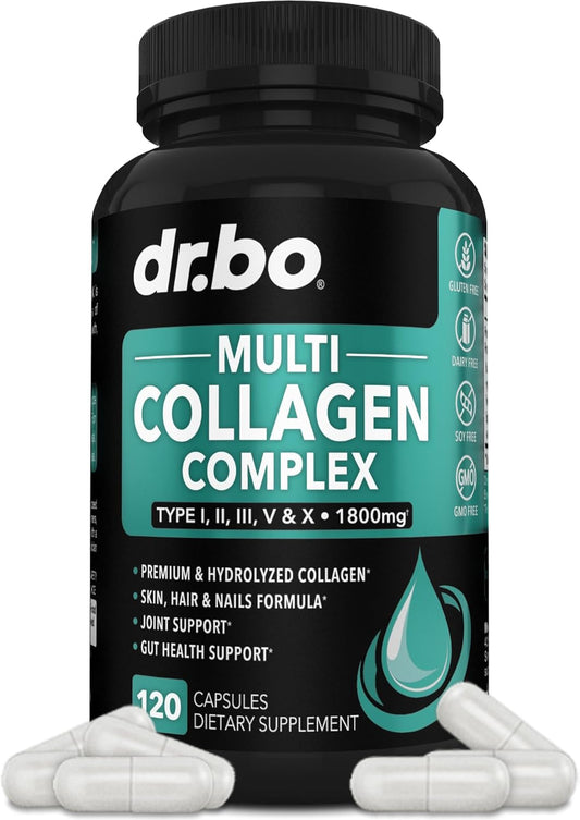 Multi Collagen Peptides Capsules for Skin, Hair & Nails - Type I, II, III, V, & X Complex for Women & Men - 120 Protein Pills