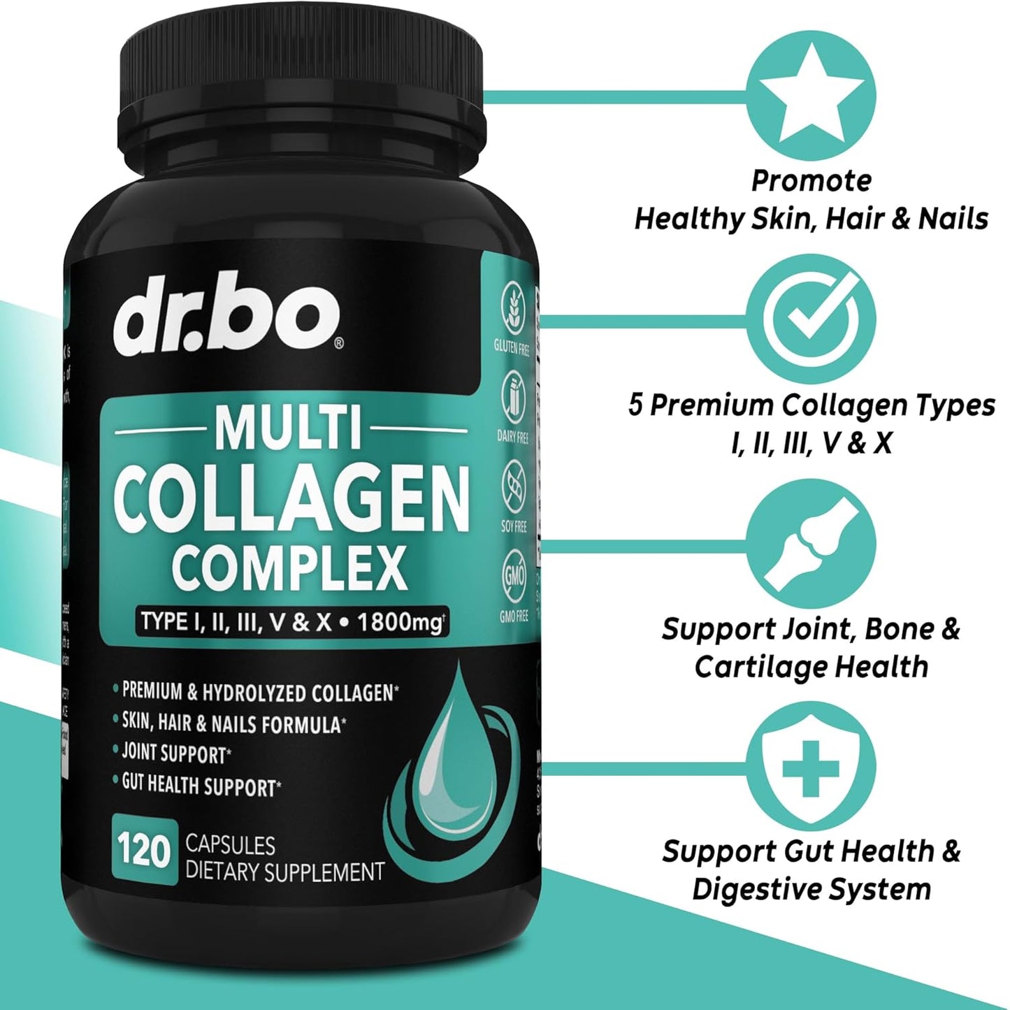 Multi Collagen Peptides Capsules for Skin, Hair & Nails - Type I, II, III, V, & X Complex for Women & Men - 120 Protein Pills