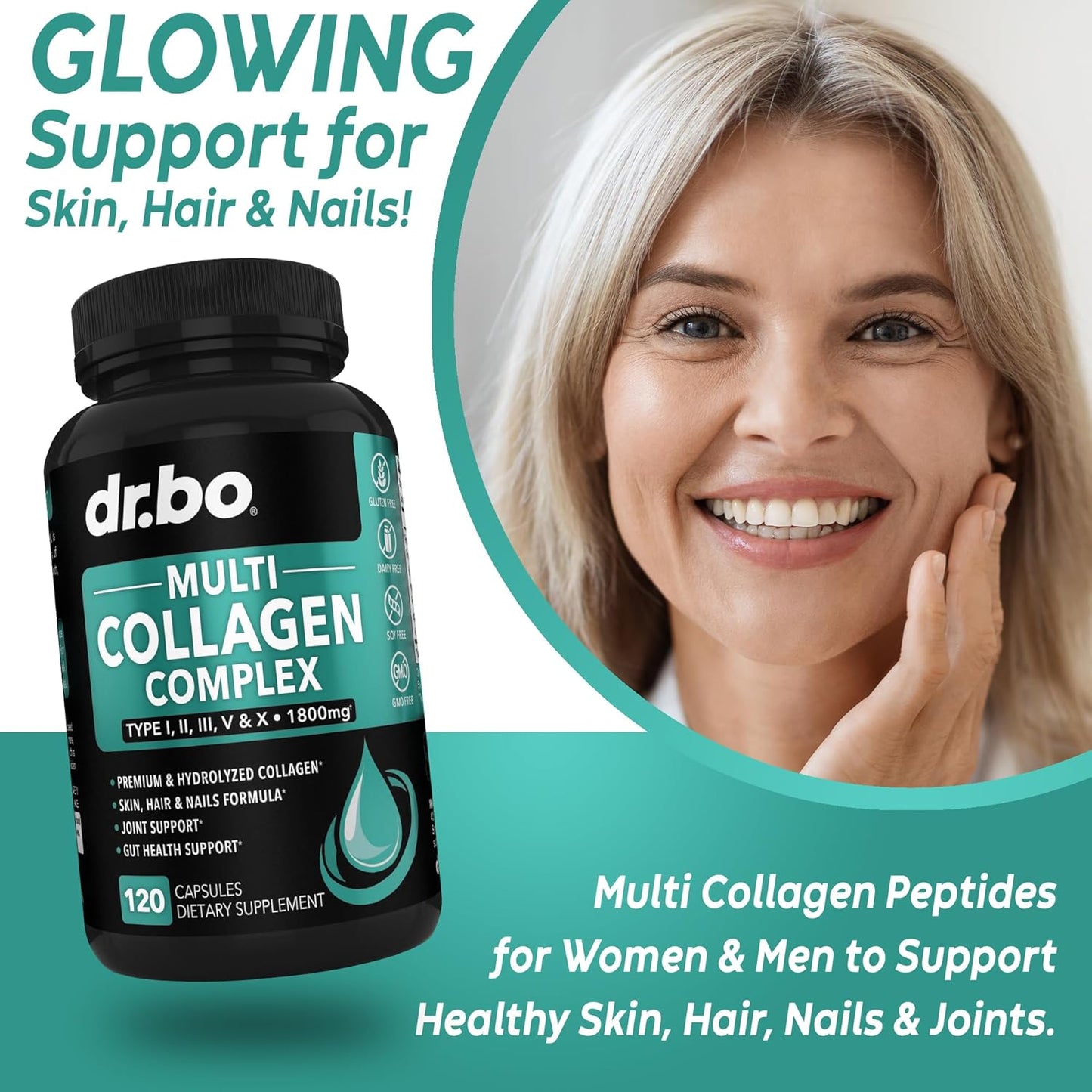 Multi Collagen Peptides Capsules for Skin, Hair & Nails - Type I, II, III, V, & X Complex for Women & Men - 120 Protein Pills