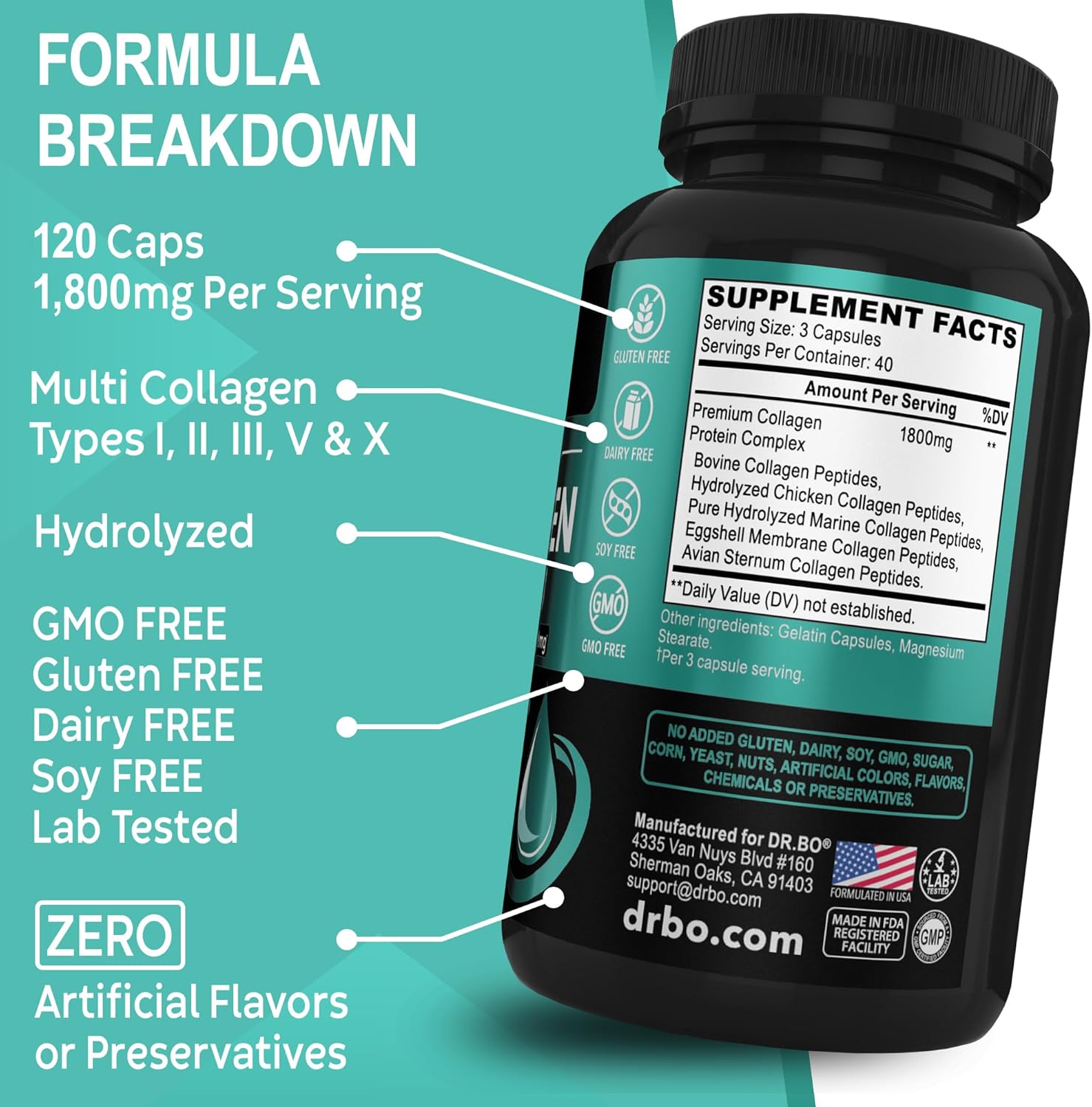 Multi Collagen Peptides Capsules for Skin, Hair & Nails - Type I, II, III, V, & X Complex for Women & Men - 120 Protein Pills
