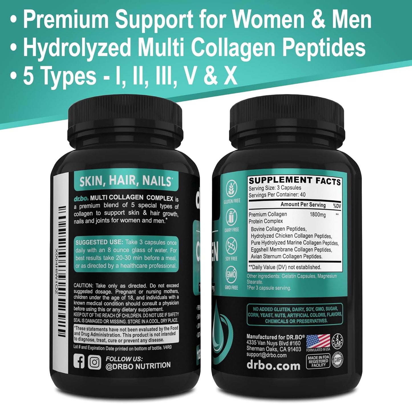 Multi Collagen Peptides Capsules for Skin, Hair & Nails - Type I, II, III, V, & X Complex for Women & Men - 120 Protein Pills