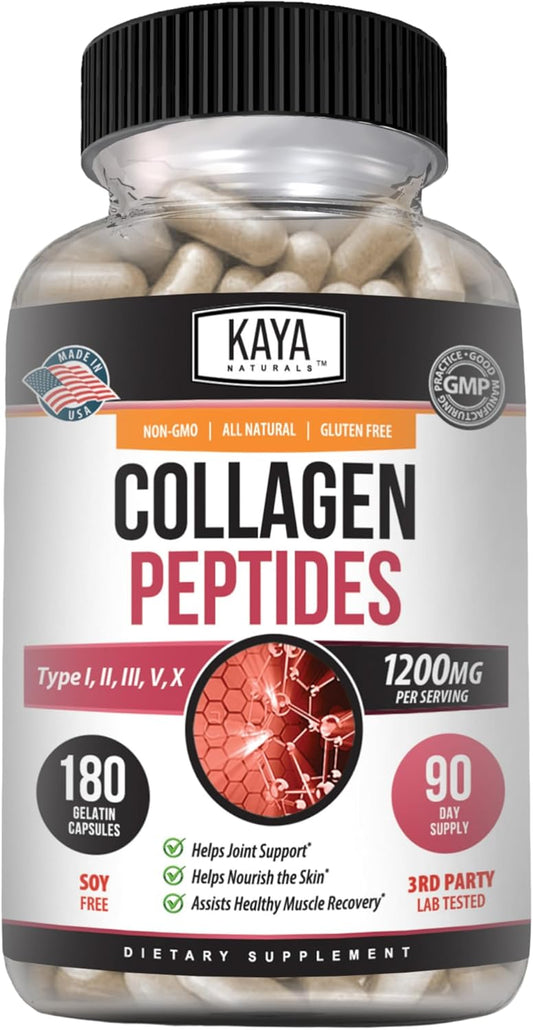 Multi Collagen Peptides Powder for Women and Men - Types I, II, III, V & X - 180 Capsules