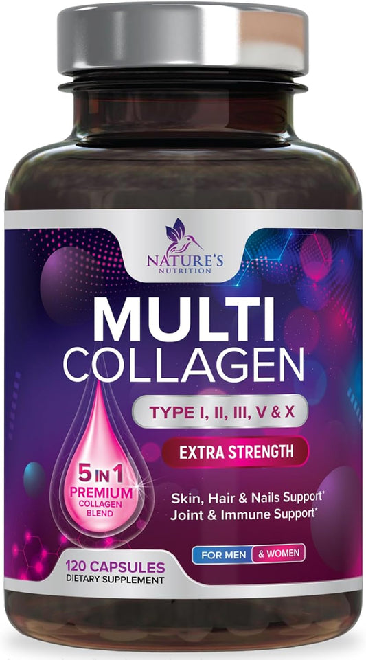 Multi Collagen Peptides Supplement for Hair, Skin, Nails & Joints - 120 Capsules, Non-GMO Formula for Women & Men with Type I, II, III, V, X - Hydrolyzed Collagen Pills for Nutritional Support