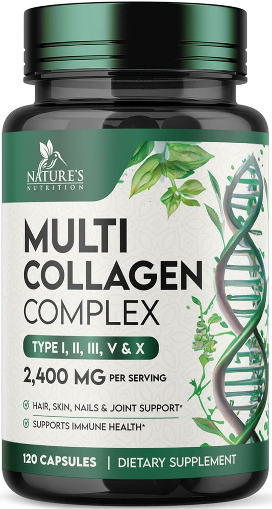 Multi Collagen Peptides Supplement for Hair, Skin, Nails, Joints - 120 Capsules - Hydrolyzed Type I, II, III, V, X - Vital Nutrients for Men & Women