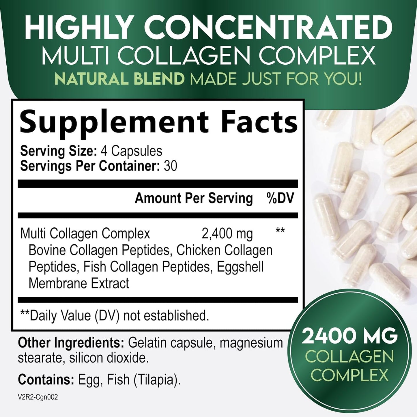 Multi Collagen Peptides Supplement for Hair, Skin, Nails, Joints - 120 Capsules - Hydrolyzed Type I, II, III, V, X - Vital Nutrients for Men & Women