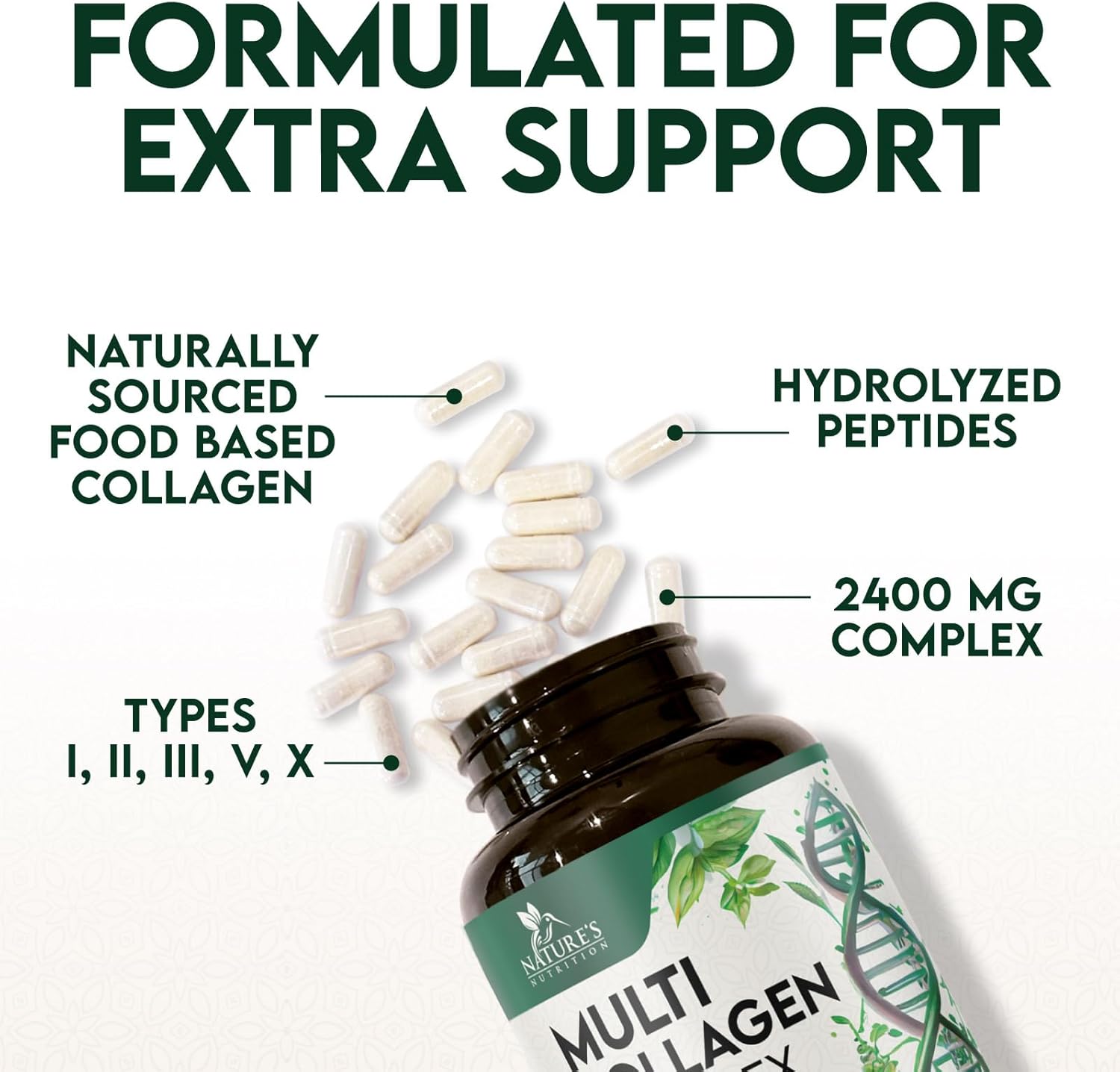 Multi Collagen Peptides Supplement for Hair, Skin, Nails, Joints - 120 Capsules - Hydrolyzed Type I, II, III, V, X - Vital Nutrients for Men & Women