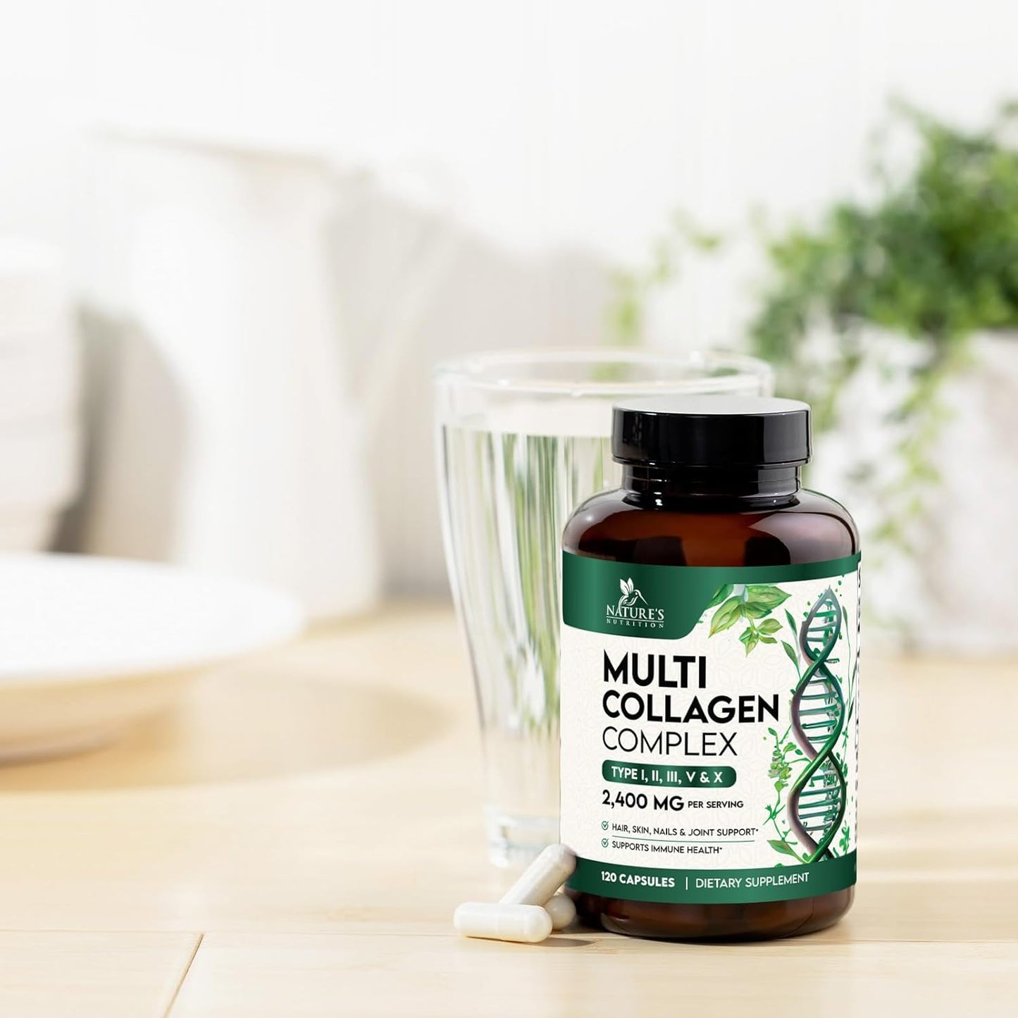 Multi Collagen Peptides Supplement for Hair, Skin, Nails, Joints - 120 Capsules - Hydrolyzed Type I, II, III, V, X - Vital Nutrients for Men & Women