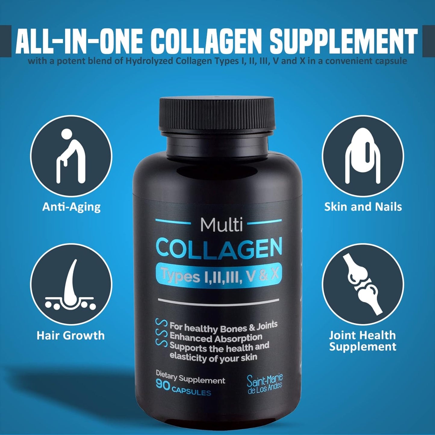 Multi Collagen Pills with Absorption Enhancer - 9 Months Supply for Hair, Skin, Nails, Joints & Gut Health - Non-GMO Supplement