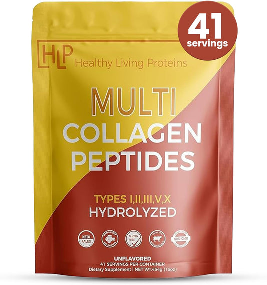 Multi Hydrolyzed Collagen Peptides Type I, II, III, V, & X | Grass Fed Bovine, Wild Caught Marine, Free Range Chicken | Gluten Free - 1 Pound Pack