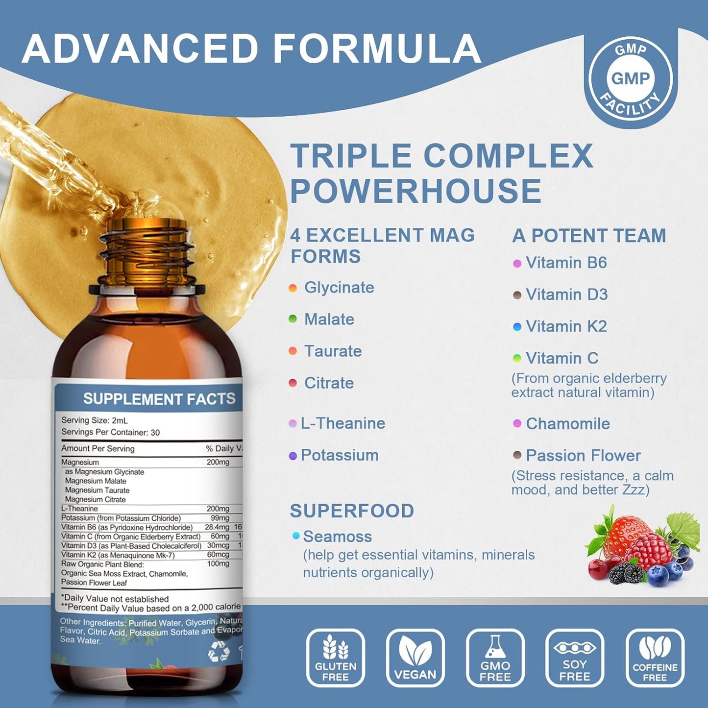 Multitea Magnesium Glycinate Liquid Drops - Enhanced Absorption Supplement for Nerve, Heart, and Muscle Health - Sugar-Free with Essential Nutrients