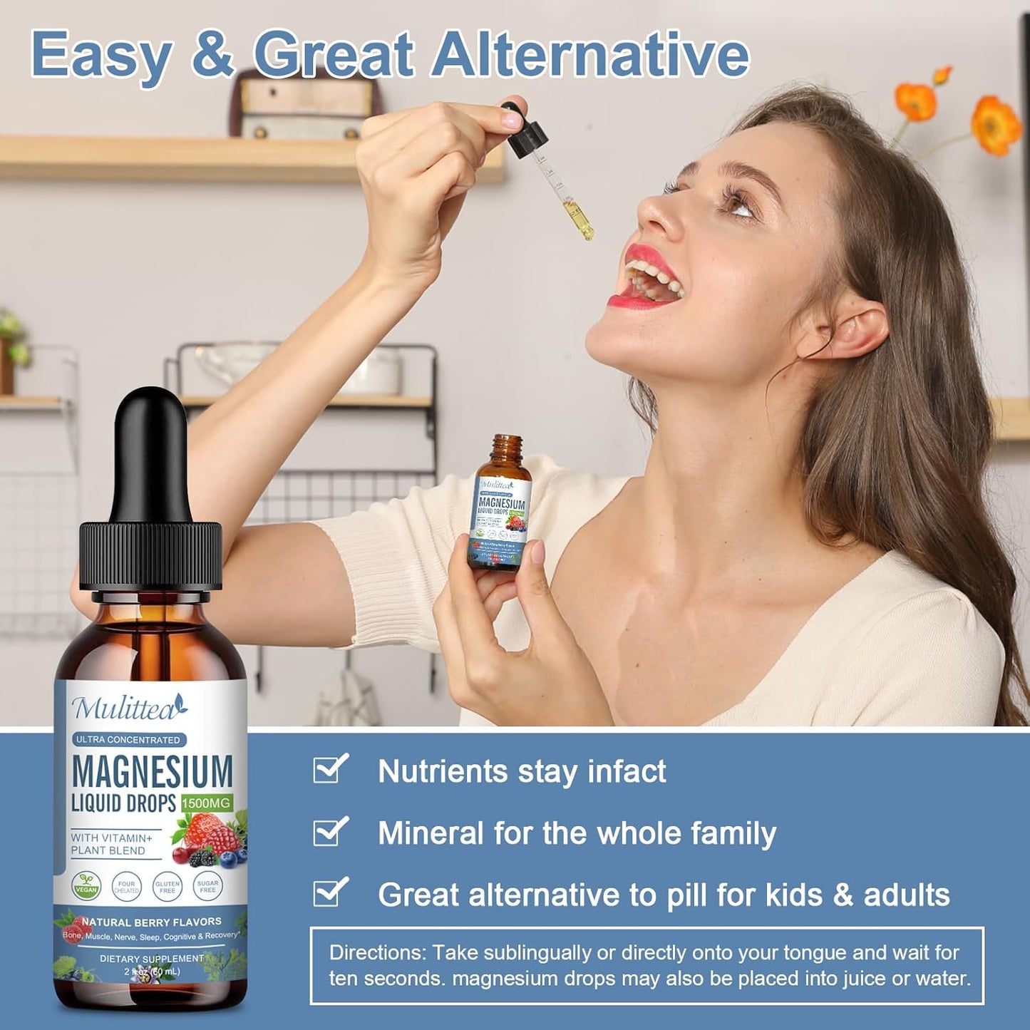 Multitea Magnesium Glycinate Liquid Drops - Enhanced Absorption Supplement for Nerve, Heart, and Muscle Health - Sugar-Free with Essential Nutrients