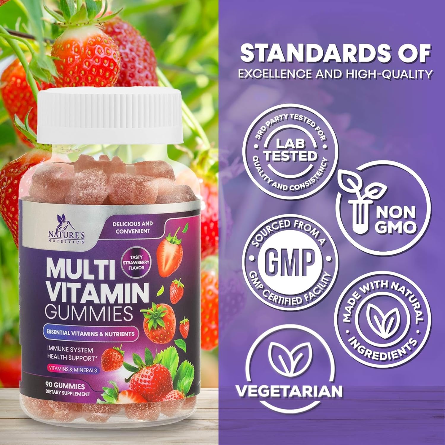 Multivitamin Gummies for Adults with 13 Vitamins and Minerals - Immune Health Support Supplement - Berry Flavor - 90 Gummies