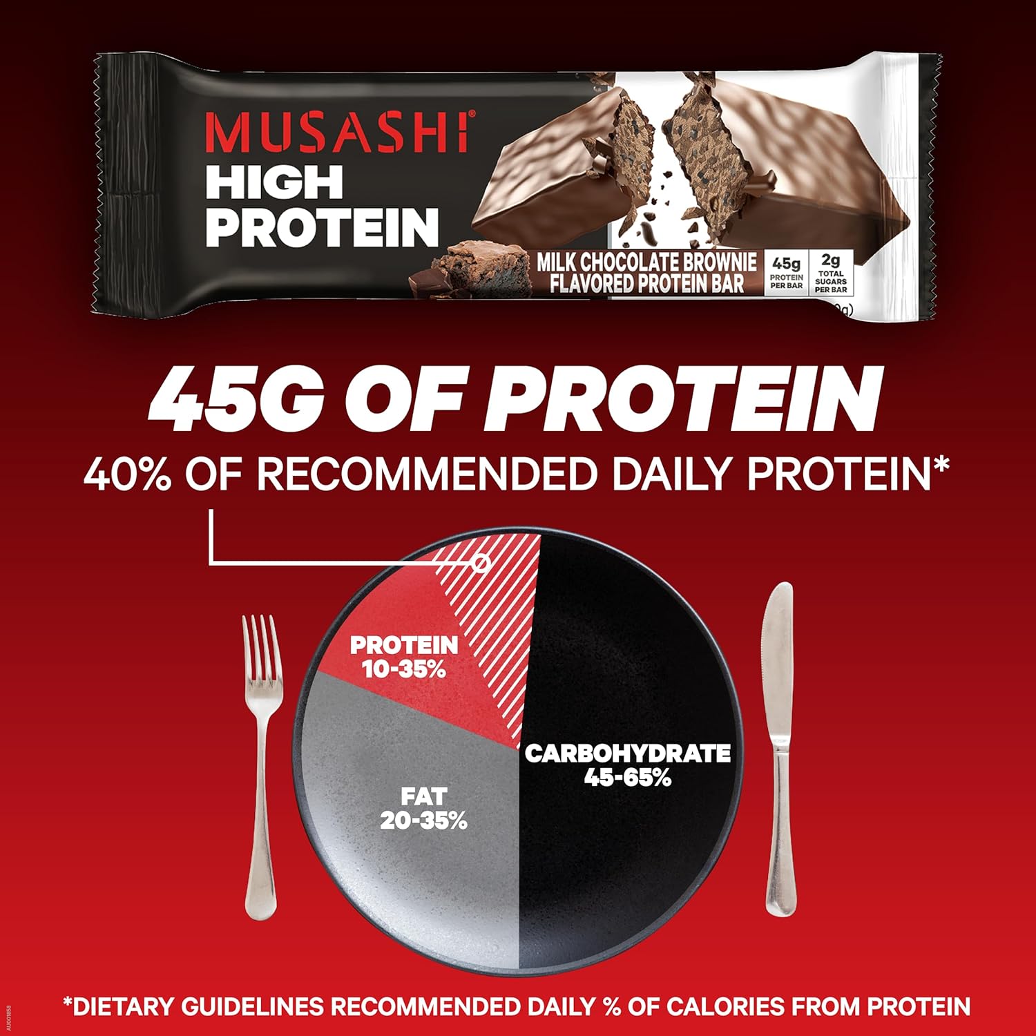 MUSASHI High Protein Bar - Milk Chocolate Brownie Flavor, 45g Protein, 2g Sugars, Post-Workout Snack, 12-Pack 3.2oz Bars