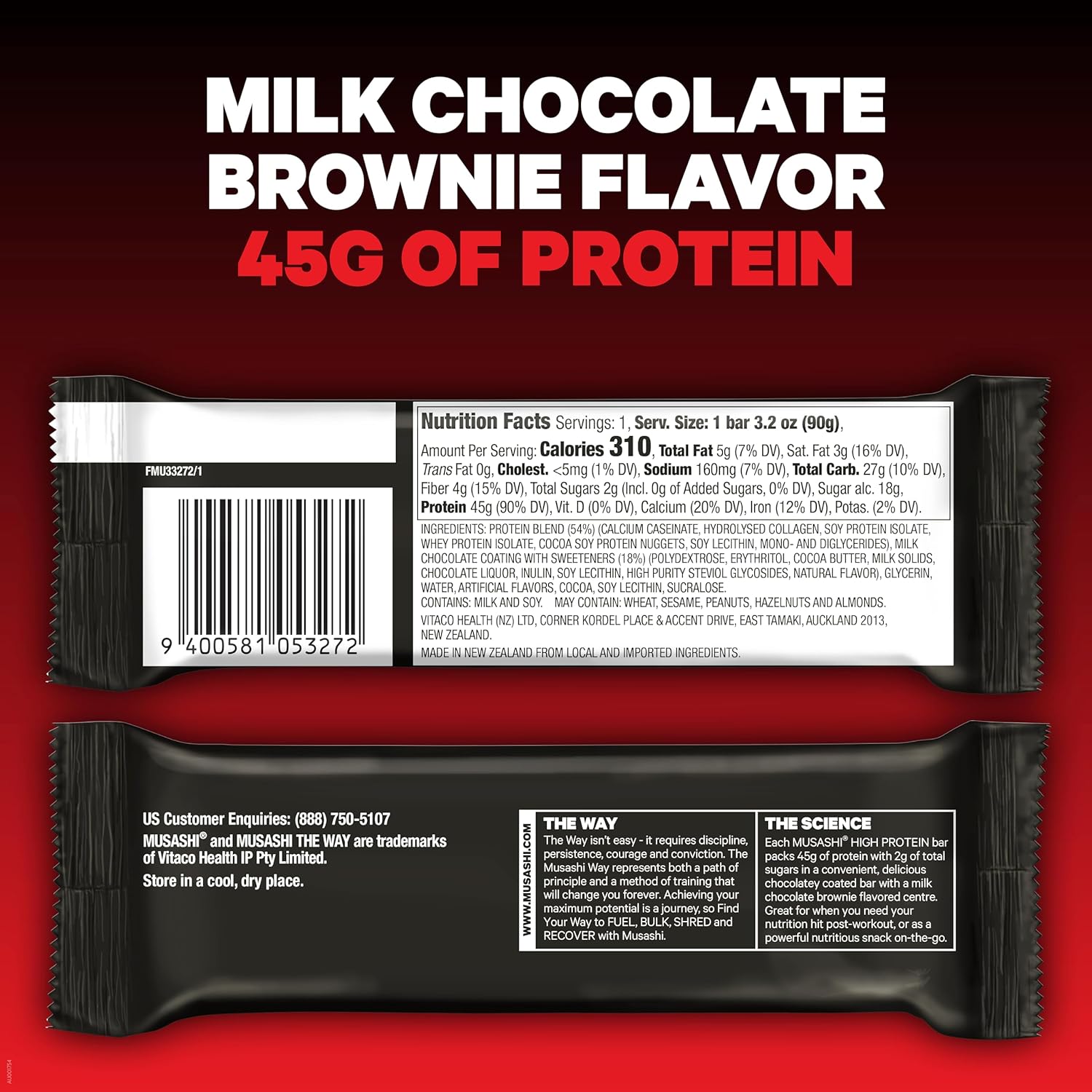 MUSASHI High Protein Bar - Milk Chocolate Brownie Flavor, 45g Protein, 2g Sugars, Post-Workout Snack, 12-Pack 3.2oz Bars