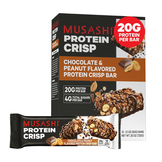 MUSASHI Protein Crisp Bar 12 Pack, Chocolate & Peanut Flavor, 20g Protein, 4g Sugars, Post Workout Snack
