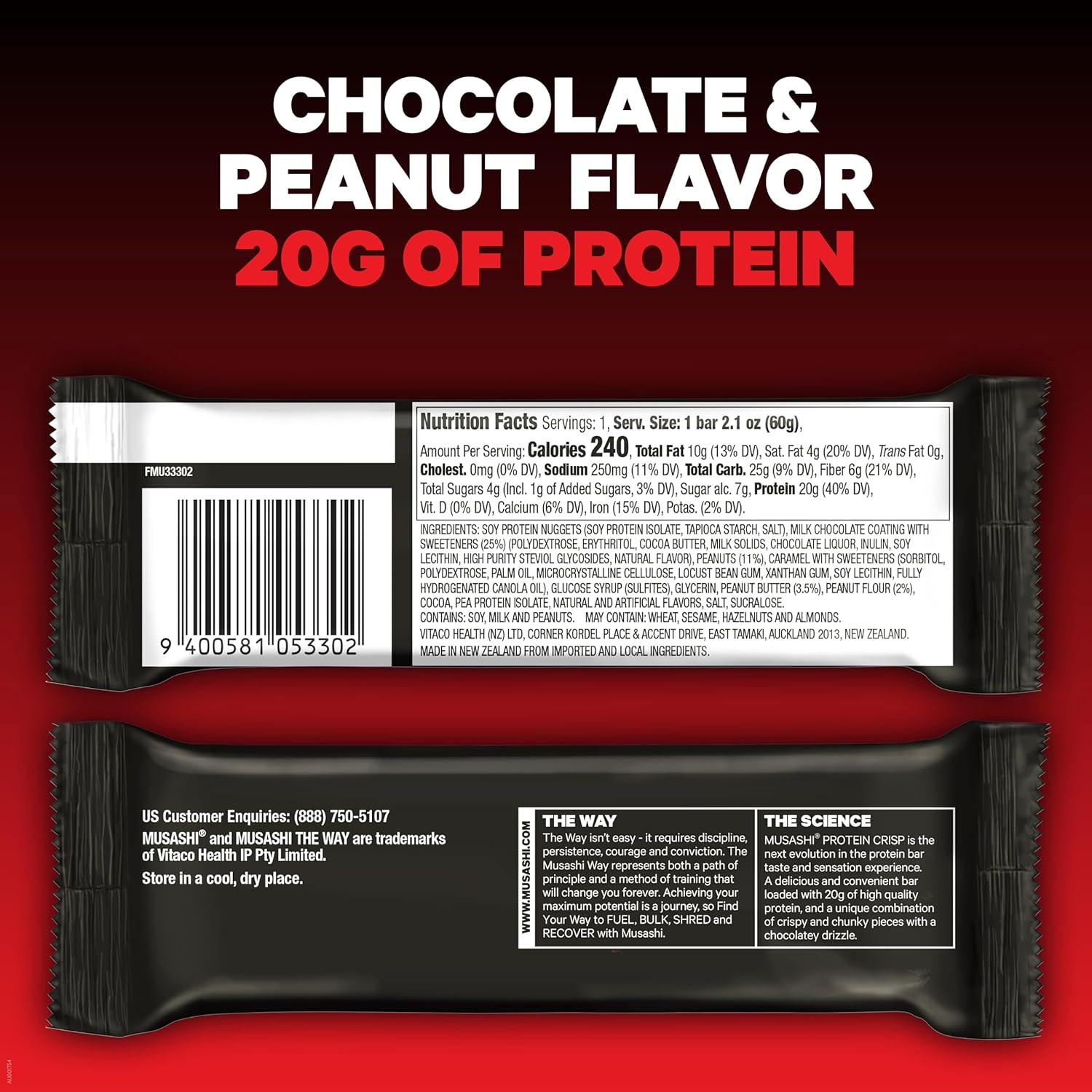MUSASHI Protein Crisp Bar 12 Pack, Chocolate & Peanut Flavor, 20g Protein, 4g Sugars, Post Workout Snack