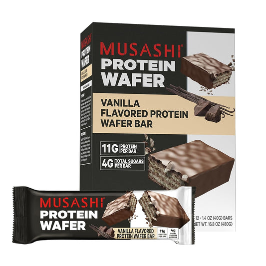 MUSASHI Protein Wafer Bar, Vanilla Flavor, 11g Protein, 4g Sugars, Post Workout Snack, 12 Pack 1.4oz Bars