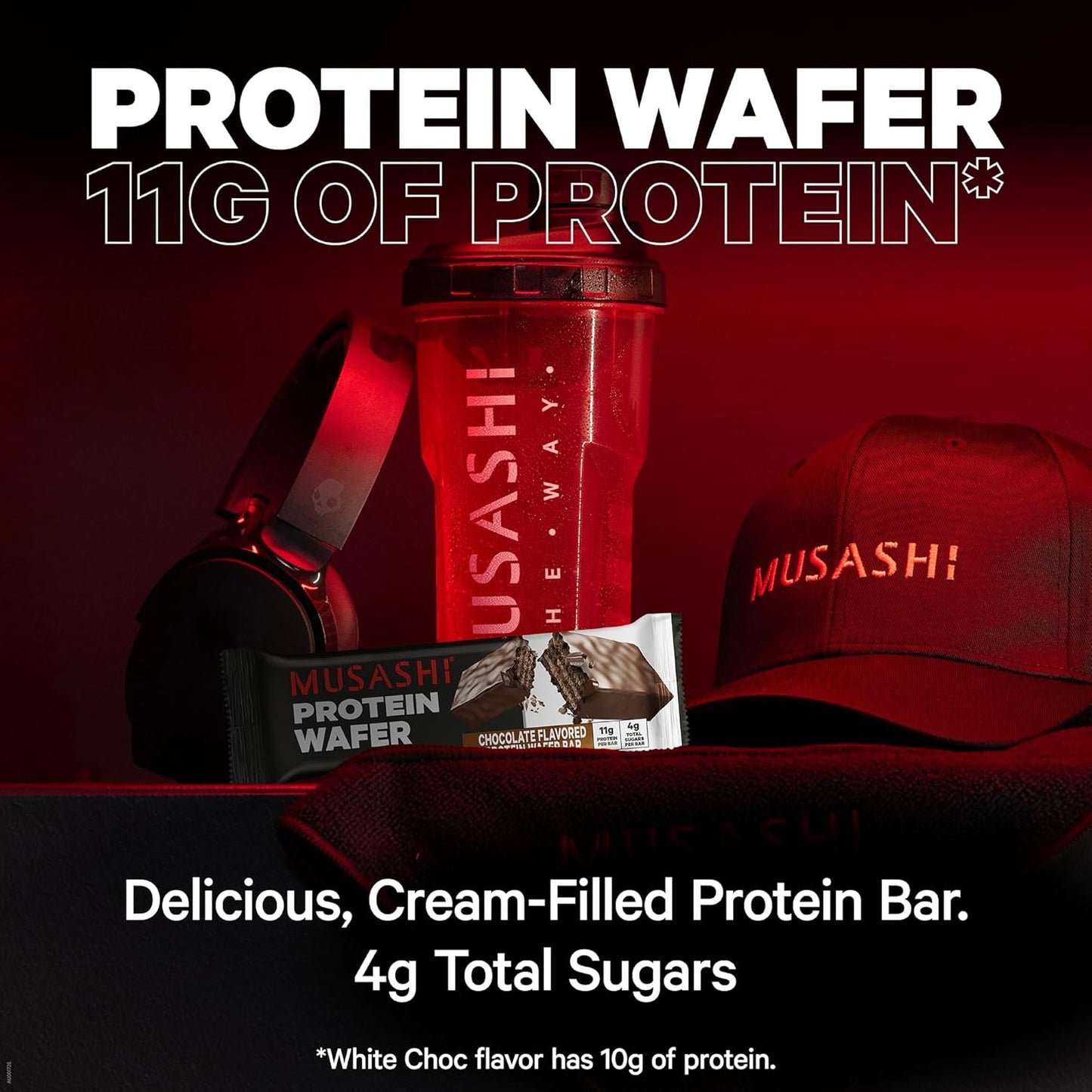 MUSASHI Protein Wafer Bar, Vanilla Flavor, 11g Protein, 4g Sugars, Post Workout Snack, 12 Pack 1.4oz Bars