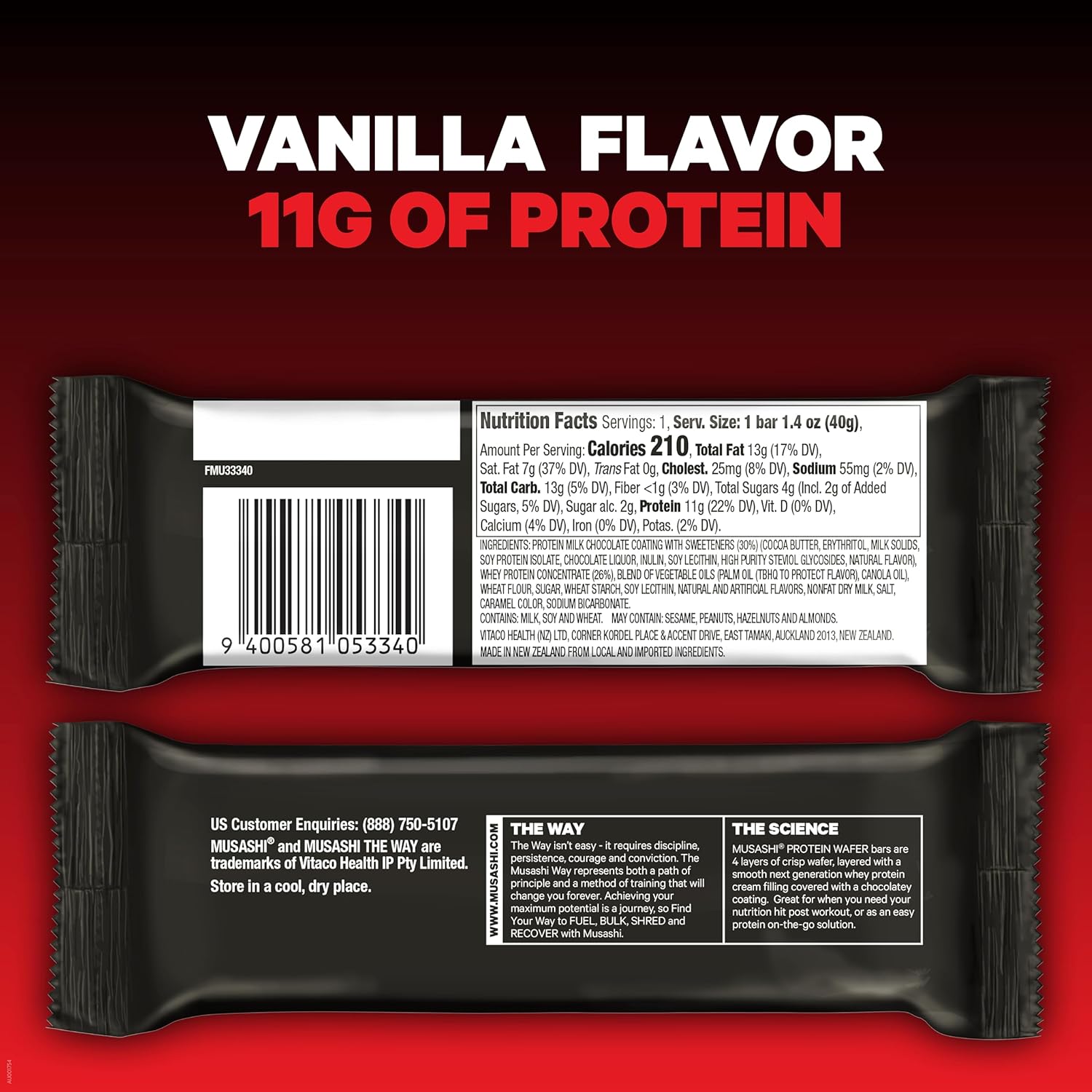 MUSASHI Protein Wafer Bar, Vanilla Flavor, 11g Protein, 4g Sugars, Post Workout Snack, 12 Pack 1.4oz Bars