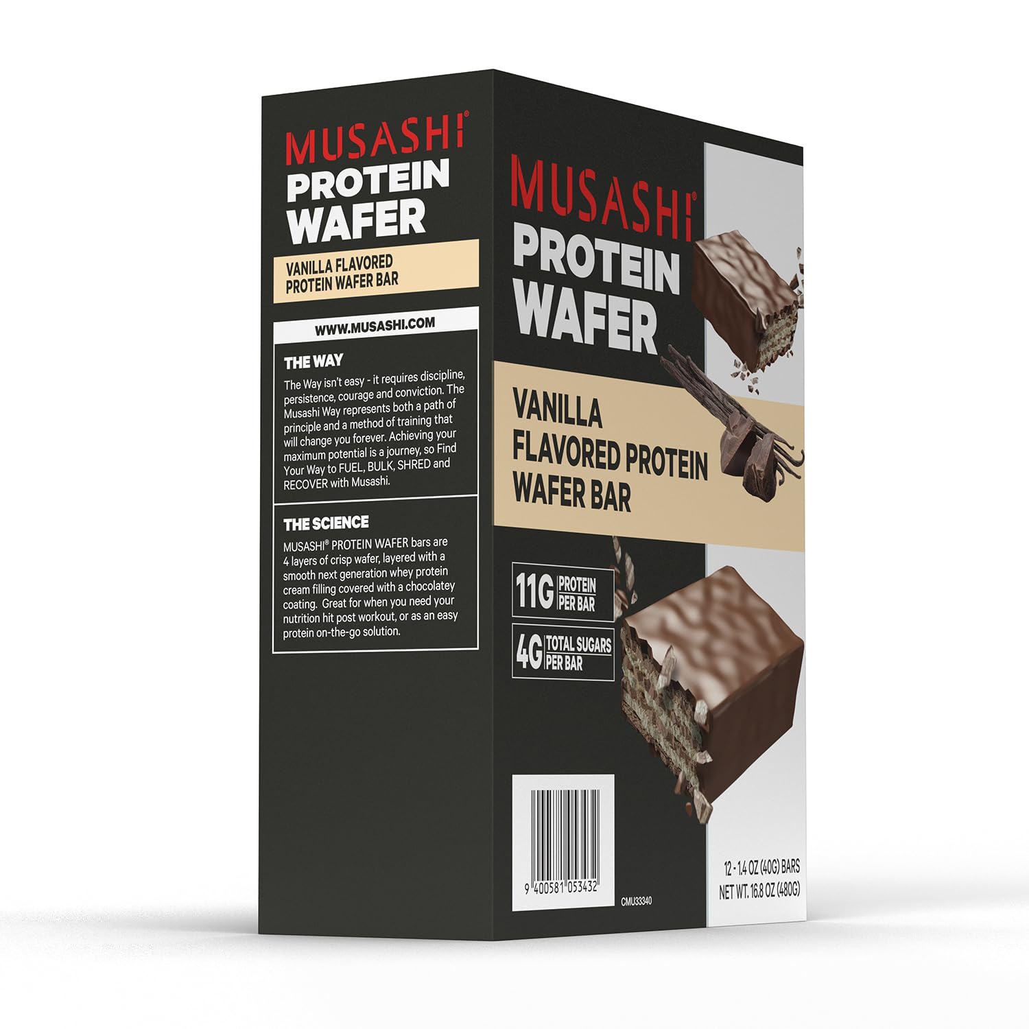 MUSASHI Protein Wafer Bar, Vanilla Flavor, 11g Protein, 4g Sugars, Post Workout Snack, 12 Pack 1.4oz Bars