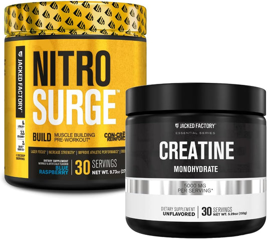 Muscle-Building Combo: Jacked Factory Nitrosurge Pre Workout & Creatine Monohydrate Powder (60 Servings, Blue Raspberry & Unflavored)