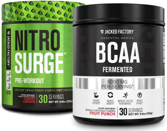 Muscle-Building Pre-Workout & BCAA Combo: Jacked Factory Nitrosurge in Cherry Limeade and Fruit Punch Flavors