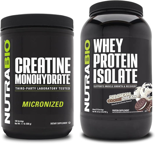 Muscle Energy and Recovery Bundle: NutraBio Creatine Monohydrate + Whey Protein Isolate - Lean Muscle Growth and Strength Boost