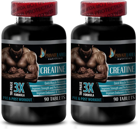 Muscle Enhancer Creatine Tri-Phase 3X Formula for Pre & Post Workout - Men's Creatine Monohydrate Pills and Unflavored Powder - 180 Tabs