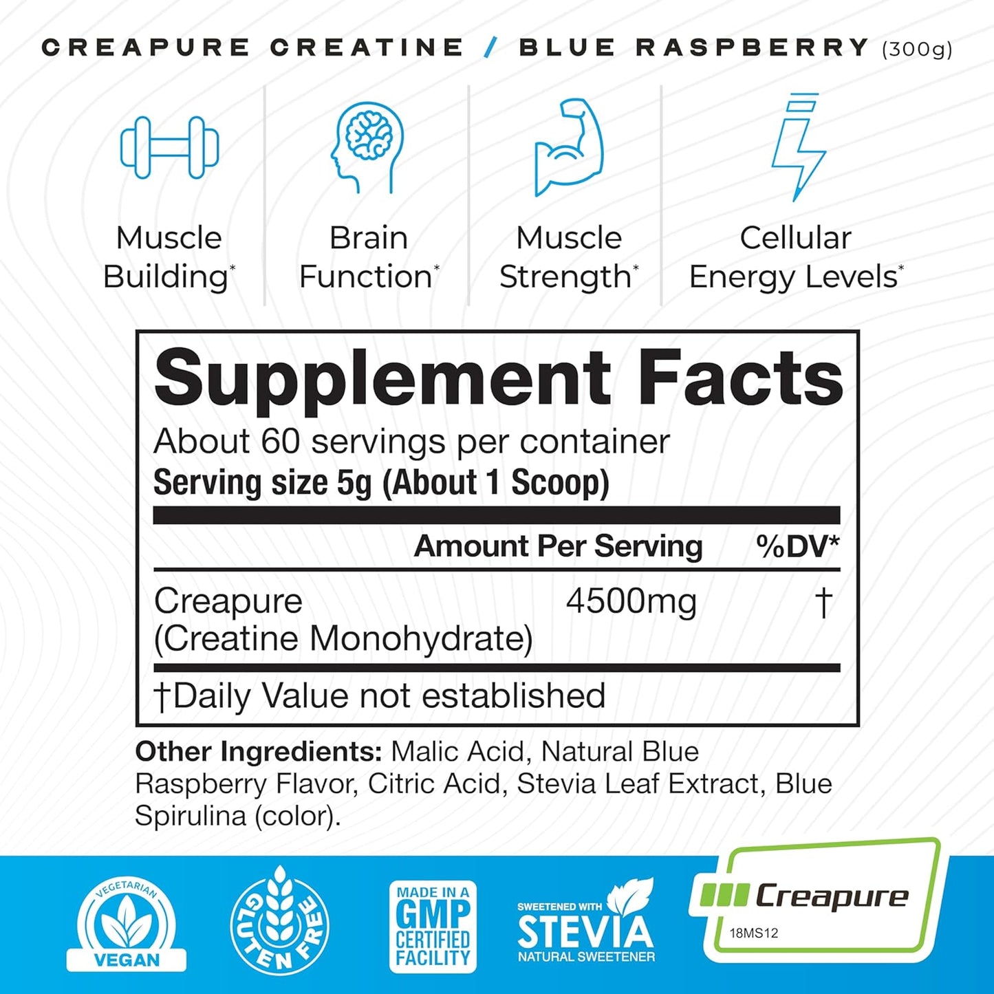 Muscle Feast Creapure Creatine Monohydrate Powder - Vegan Keto-Friendly Muscle Recovery Supplement - Natural Blue Raspberry Flavor - 300g