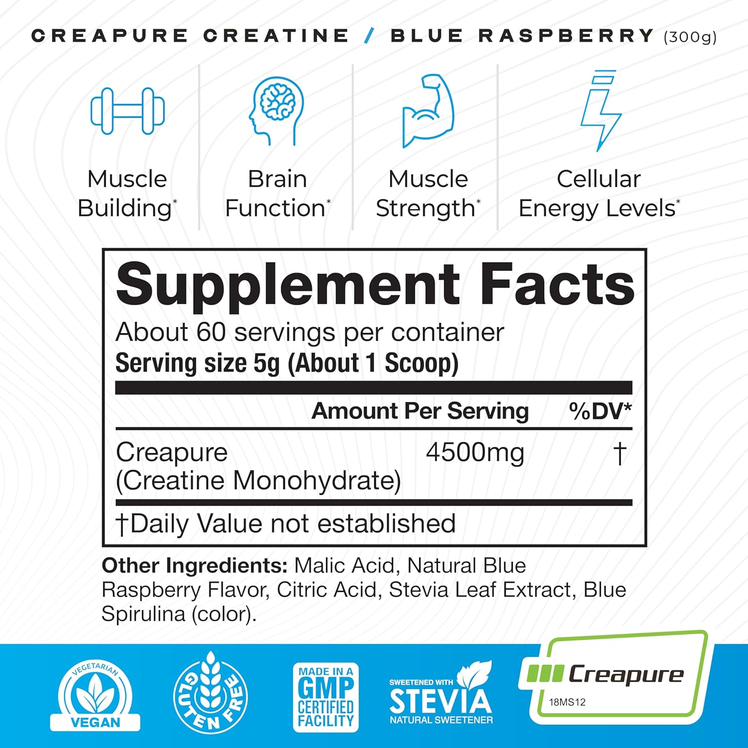 Muscle Feast Creapure Creatine Monohydrate Powder - Vegan Keto-Friendly Muscle Recovery Supplement - Natural Blue Raspberry Flavor - 300g