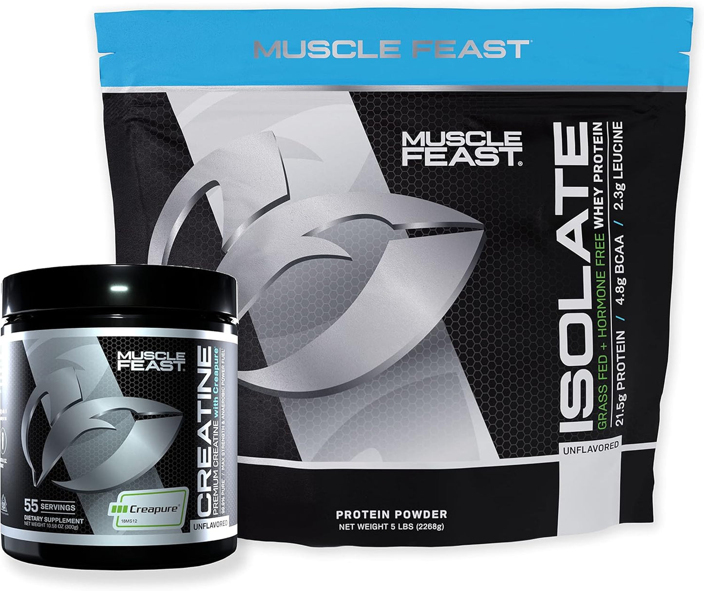 Muscle Feast Creatine & Isolate Bundle: Creatine Powder (Unflavored, 300g) + Whey Protein Isolate (Unflavored, 5lb) | Premium Vegetarian & Gluten-Free Supplements