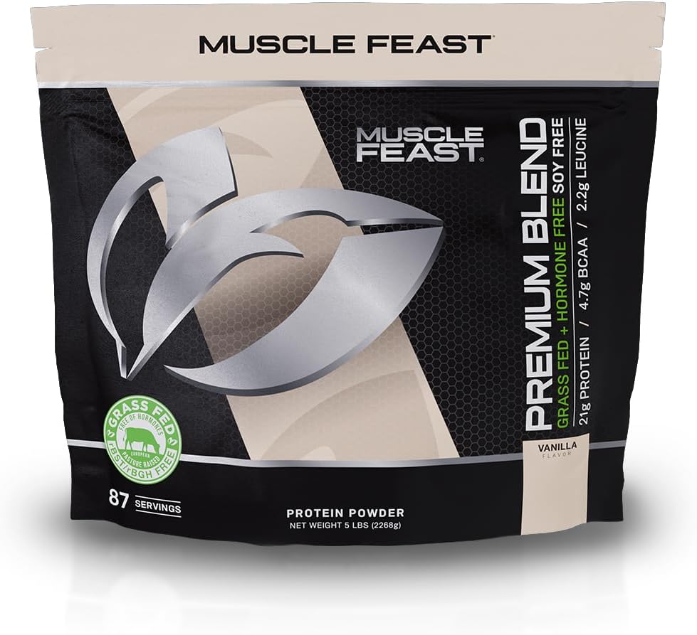 Muscle Feast Grass-Fed Protein Blend - Vanilla Flavor, 21g Protein, 100 Calories - Whey, Hydrolyzed Whey, Isolate, Micellar Casein - 5lb Pack