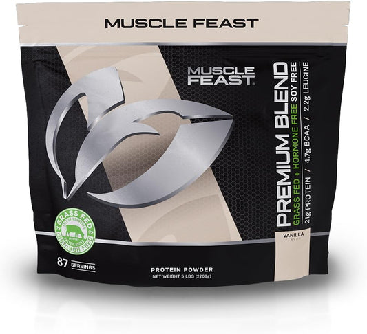 Muscle Feast Grass-Fed Protein Blend - Vanilla Flavor, 21g Protein, 100 Calories - Whey, Hydrolyzed Whey, Isolate, Micellar Casein - 5lb Pack