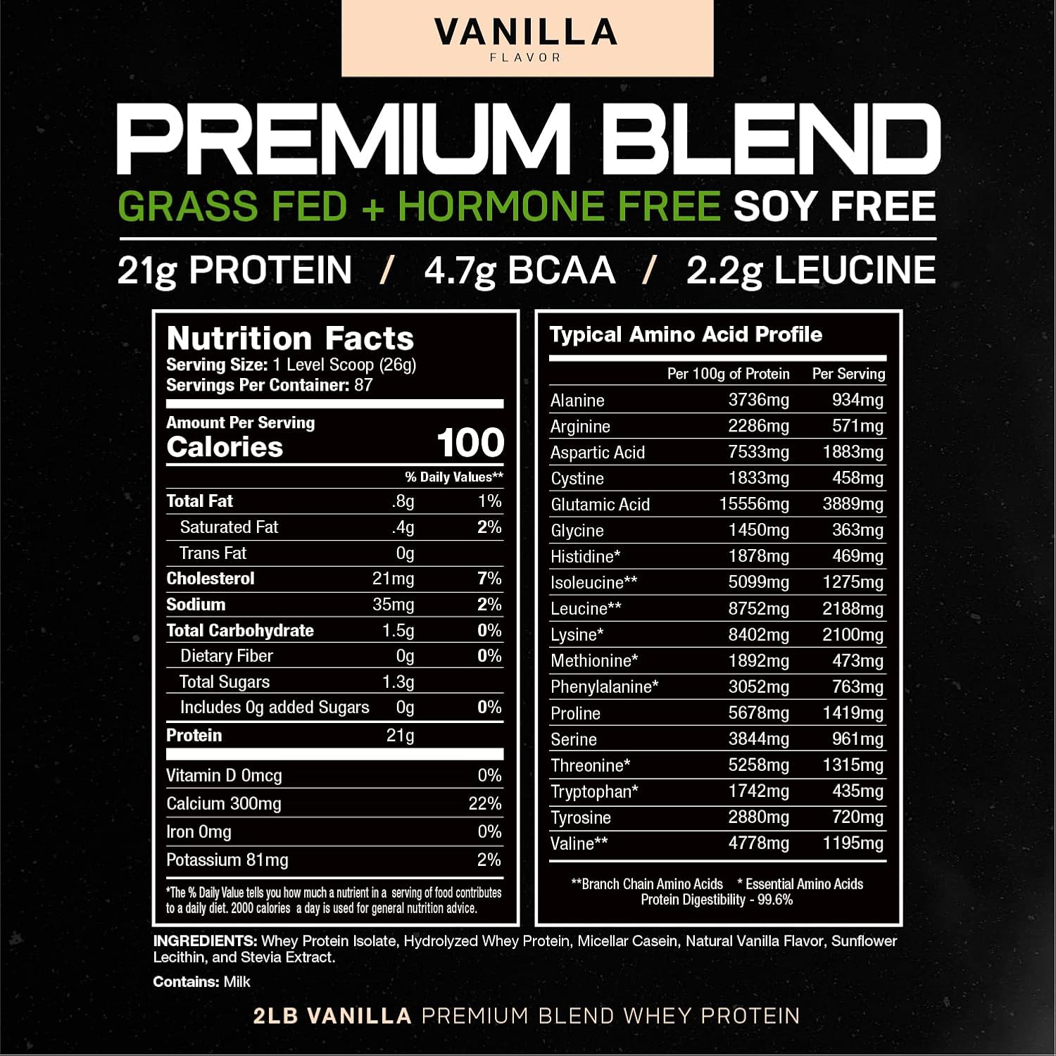 Muscle Feast Grass-Fed Protein Blend - Vanilla Flavor, 21g Protein, 100 Calories - Whey, Hydrolyzed Whey, Isolate, Micellar Casein - 5lb Pack