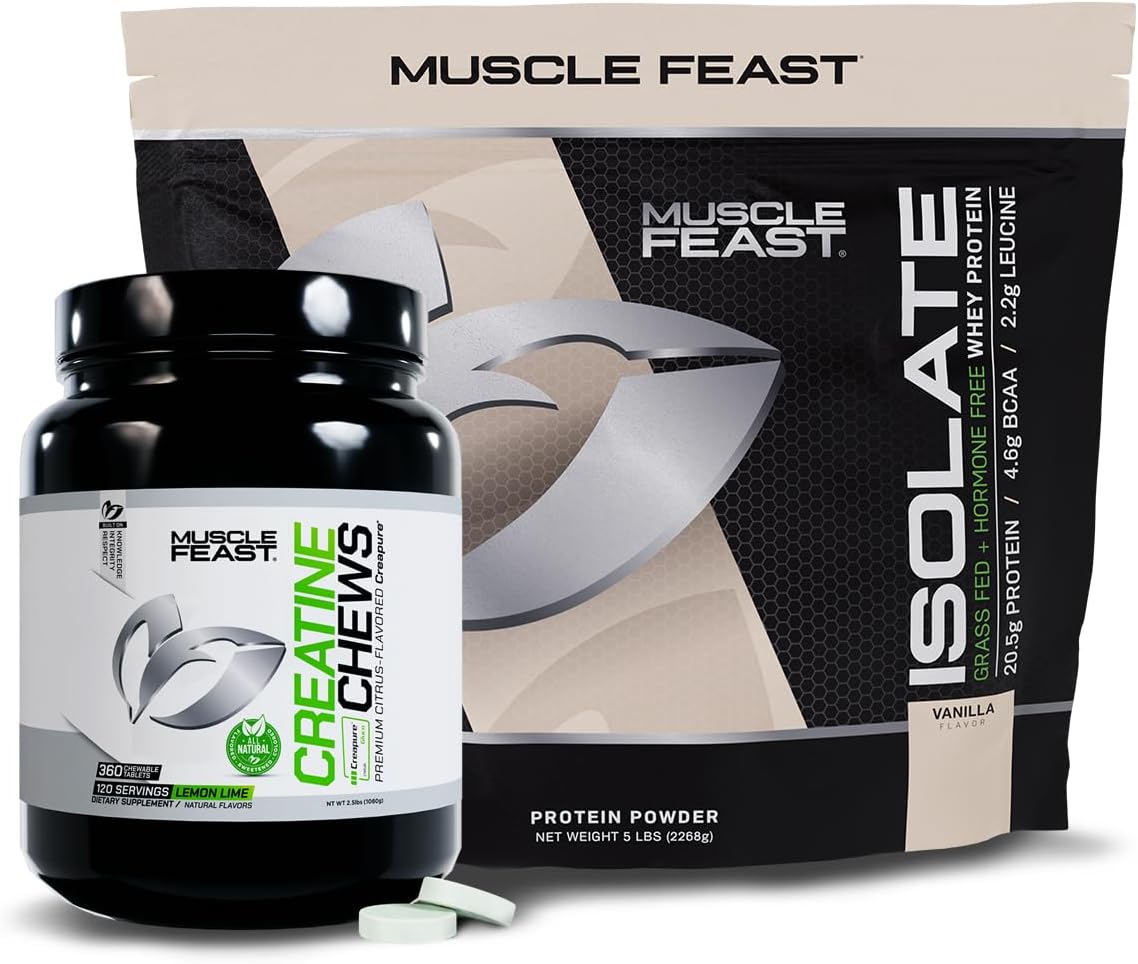 Muscle Feast Isolate + Creatine Candy Bundle: Whey Protein Isolate & Creatine Candy Combo (Vanilla, 5lb & Lemon Lime, 360) | Premium Vegetarian & Gluten-Free Supplements