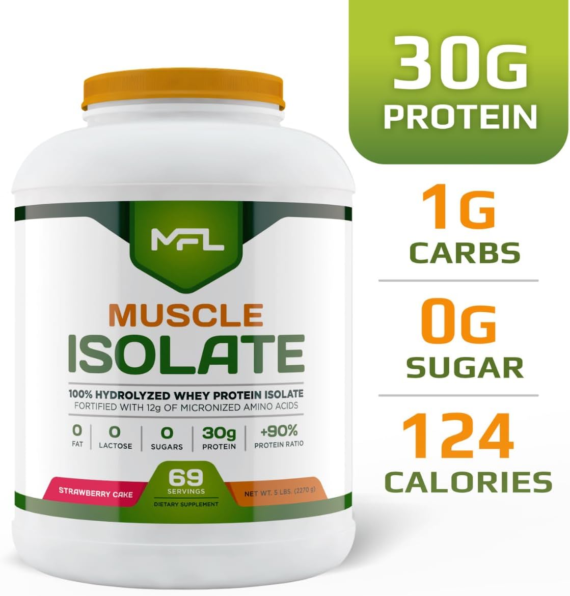 MUSCLE FOOD LABS 100% Isolate Protein Powder - Strawberry Cream Flavor, 5 lbs - 30g Protein, 12g Amino Acids, Keto Friendly, Low Carbs