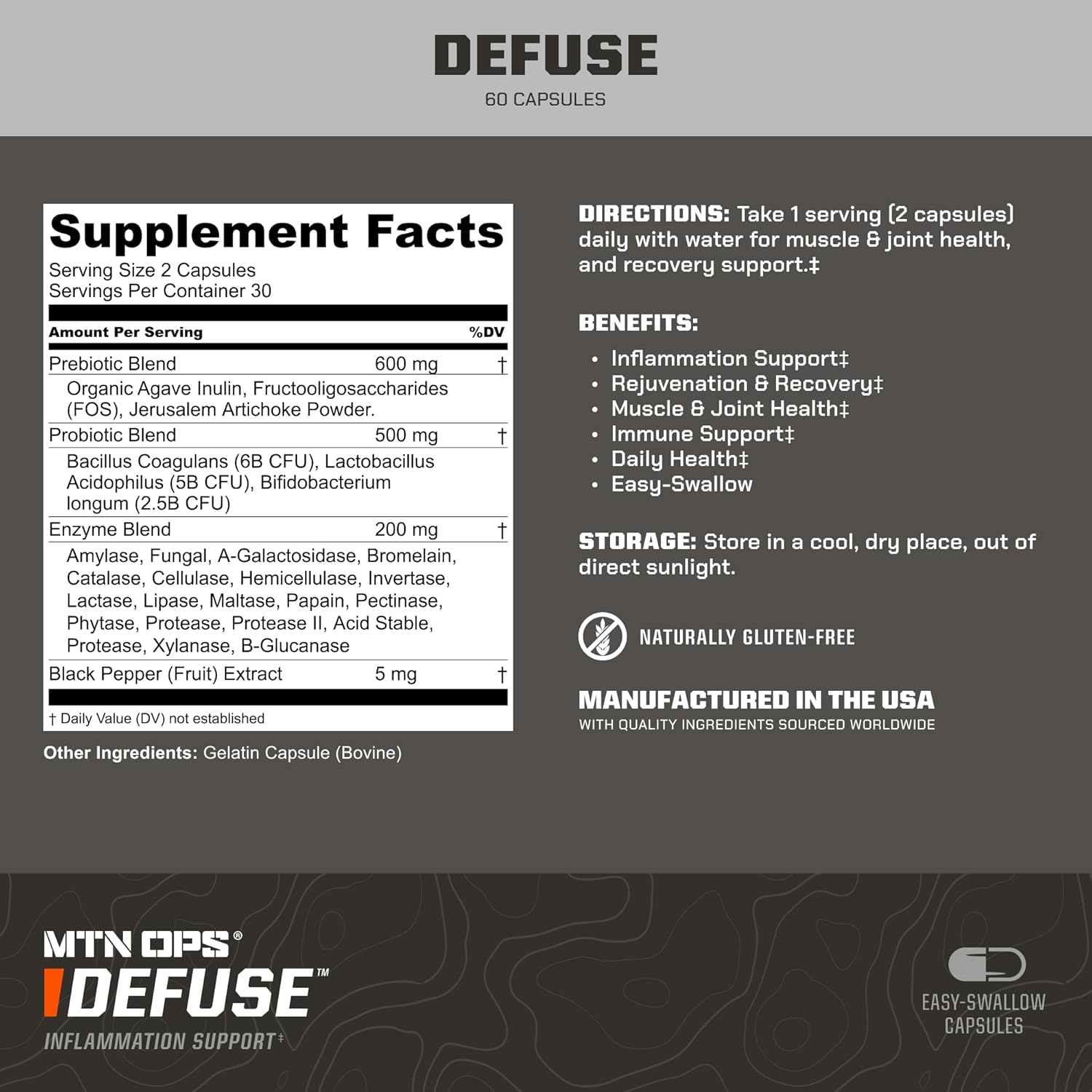 Muscle & Joint Inflammation Relief with MTN OPS Defuse Probiotic Enzyme Blend | Immune Support Supplement for Muscle Recovery | 30 Servings