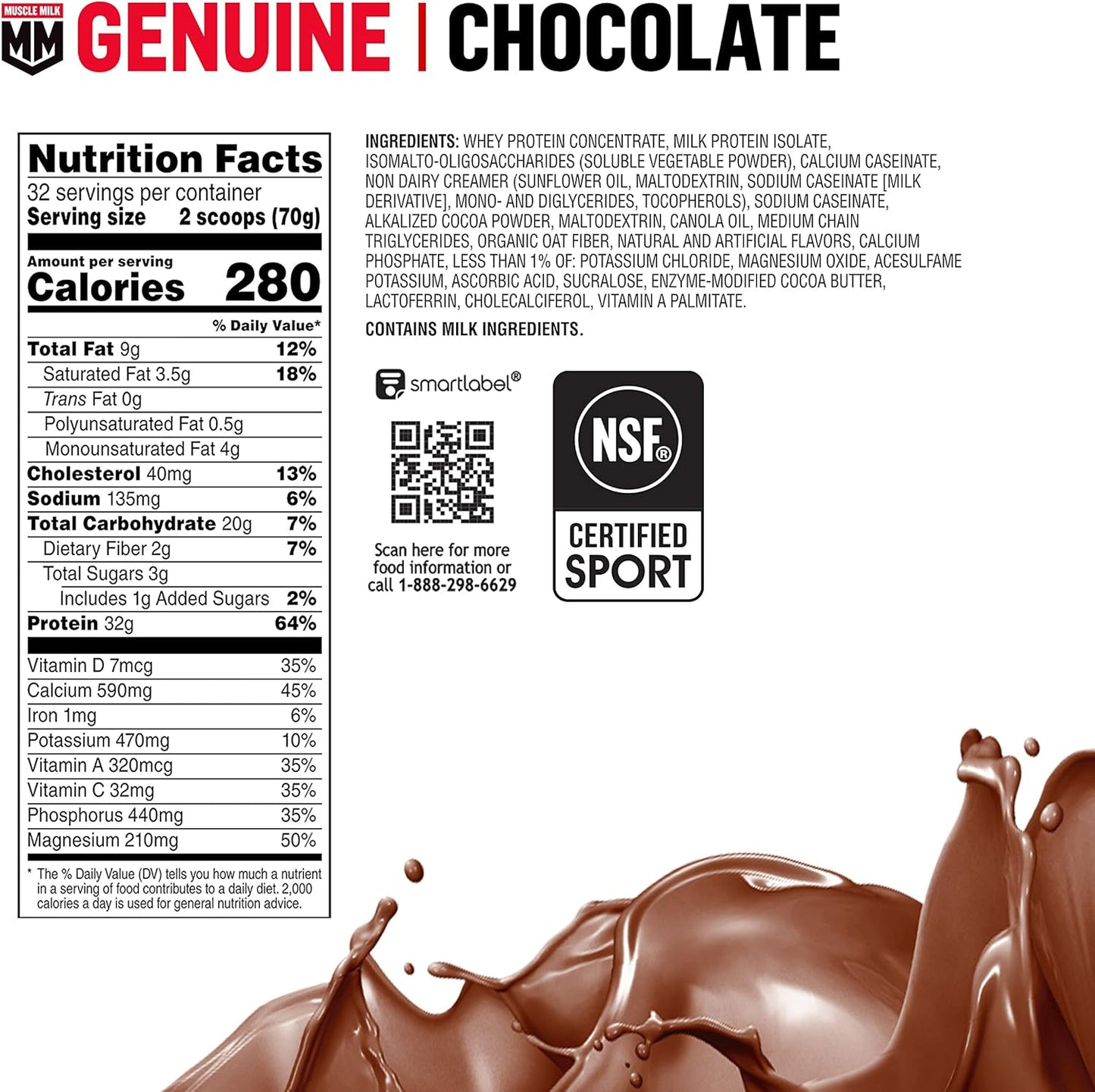 Muscle Milk Genuine Chocolate Protein Powder - 4.94lb, 32 Servings, 32g Protein, NSF Certified, Energizing Snack
