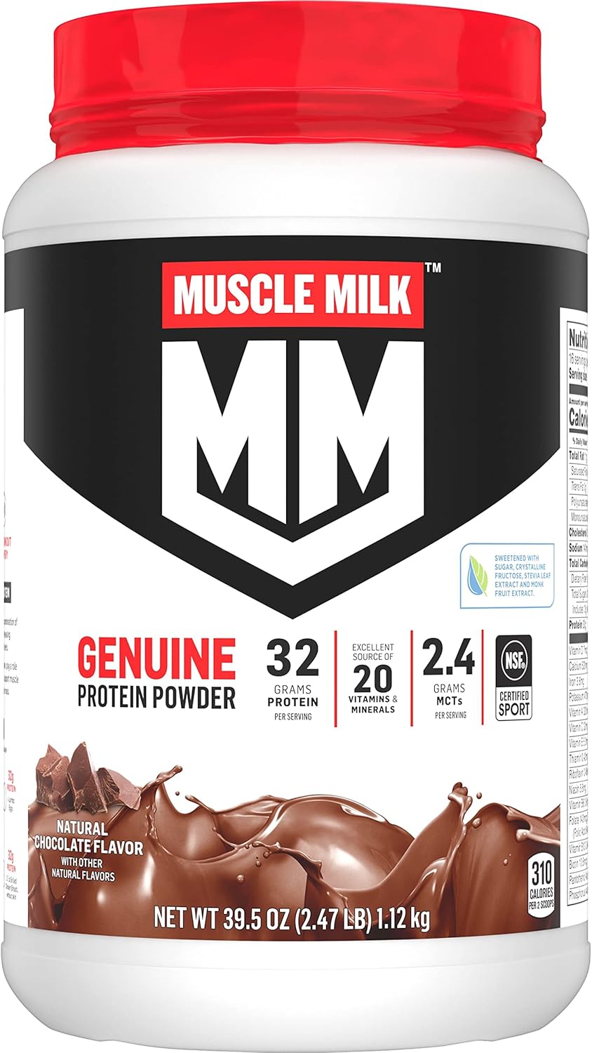 Muscle Milk Genuine Protein Powder - Natural Chocolate Flavor, 2.47lb, 16 Servings, 32g Protein, 2g Sugar, with Calcium & Vitamins A, C, D - NSF Certified for Sport - Energizing Snack - Packaging Varies