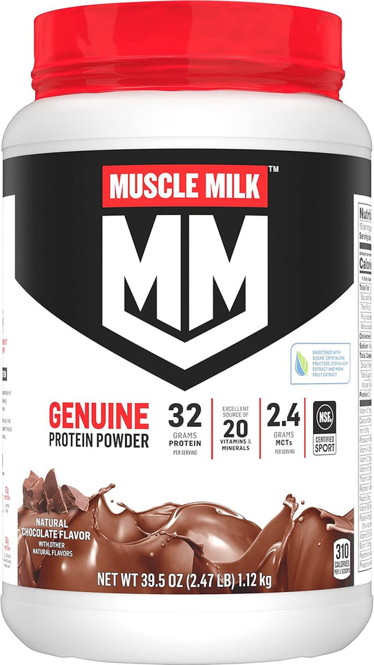 Muscle Milk Genuine Protein Powder - Natural Chocolate Flavor, 2.47lb, 16 Servings, 32g Protein, 2g Sugar, with Calcium & Vitamins A, C, D - NSF Certified for Sport - Energizing Snack - Packaging Varies