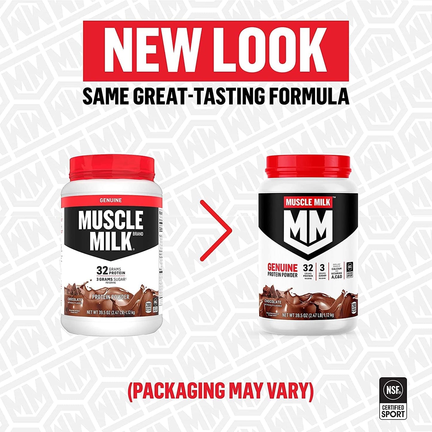 Muscle Milk Genuine Protein Powder - Natural Chocolate Flavor, 2.47lb, 16 Servings, 32g Protein, 2g Sugar, with Calcium & Vitamins A, C, D - NSF Certified for Sport - Energizing Snack - Packaging Varies