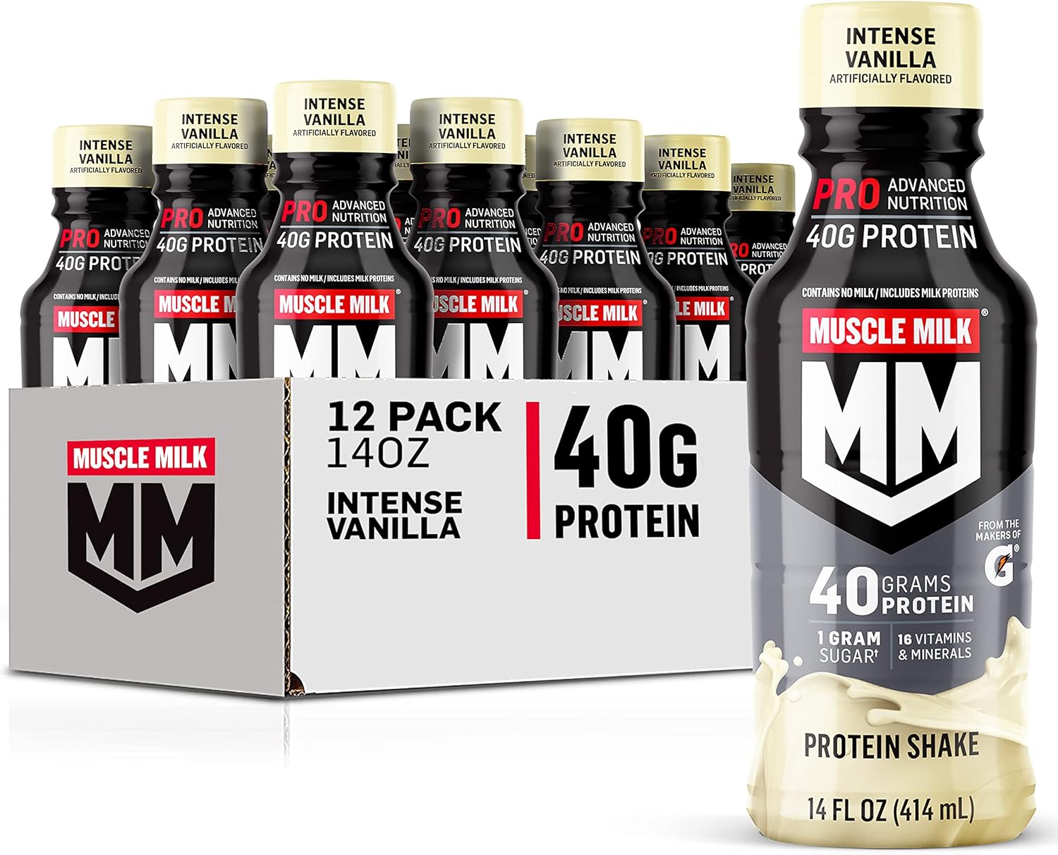 Muscle Milk Pro Advanced Nutrition Protein Shake, Intense Vanilla, 14oz, 12 Pack - 40g Protein, 1g Sugar, 16 Vitamins, 6g Fiber - Workout Recovery