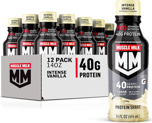 Muscle Milk Pro Advanced Nutrition Protein Shake, Intense Vanilla, 14oz, 12 Pack - 40g Protein, 1g Sugar, 16 Vitamins, 6g Fiber - Workout Recovery