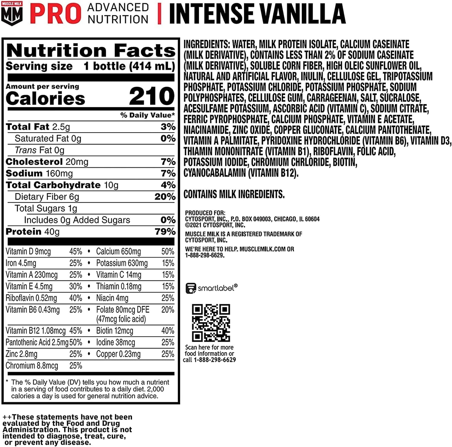 Muscle Milk Pro Advanced Nutrition Protein Shake, Intense Vanilla, 14oz, 12 Pack - 40g Protein, 1g Sugar, 16 Vitamins, 6g Fiber - Workout Recovery