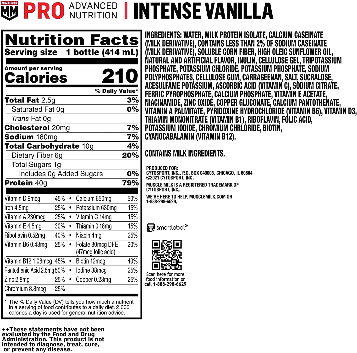 Muscle Milk Pro Advanced Nutrition Protein Shake, Intense Vanilla, 14oz, 12 Pack - 40g Protein, 1g Sugar, 16 Vitamins, 6g Fiber - Workout Recovery